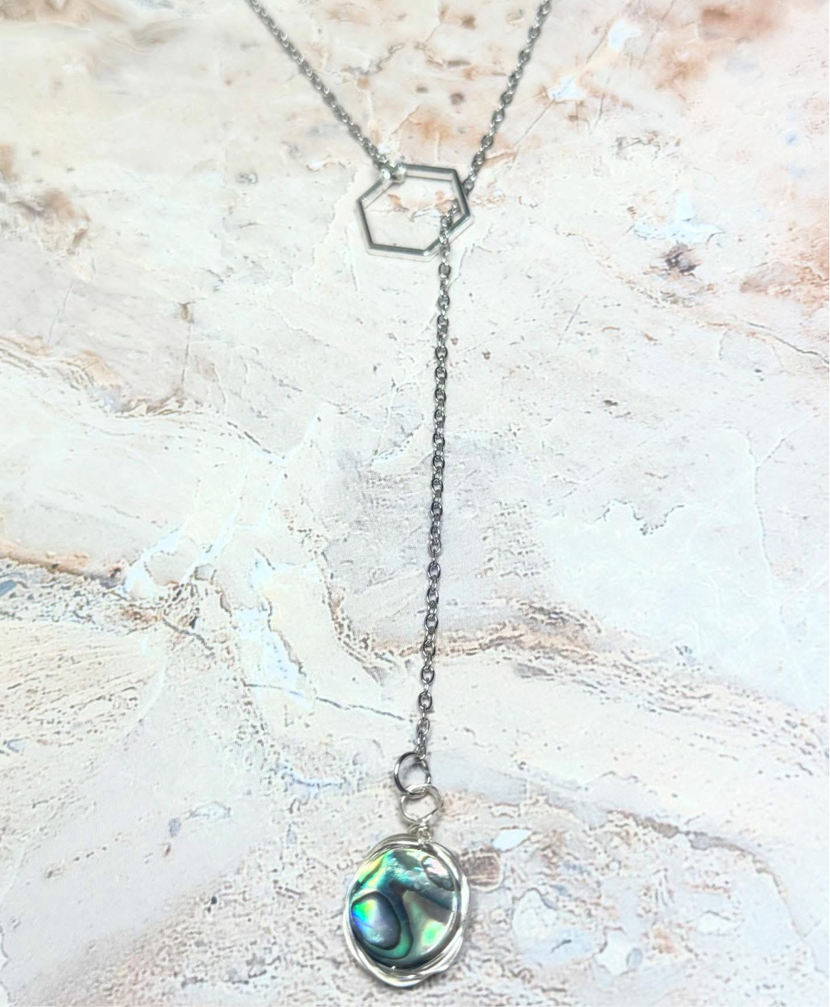 The Jillian Necklace - Genuine Abalone Wire Wrapped Hexagon Lariat Necklace