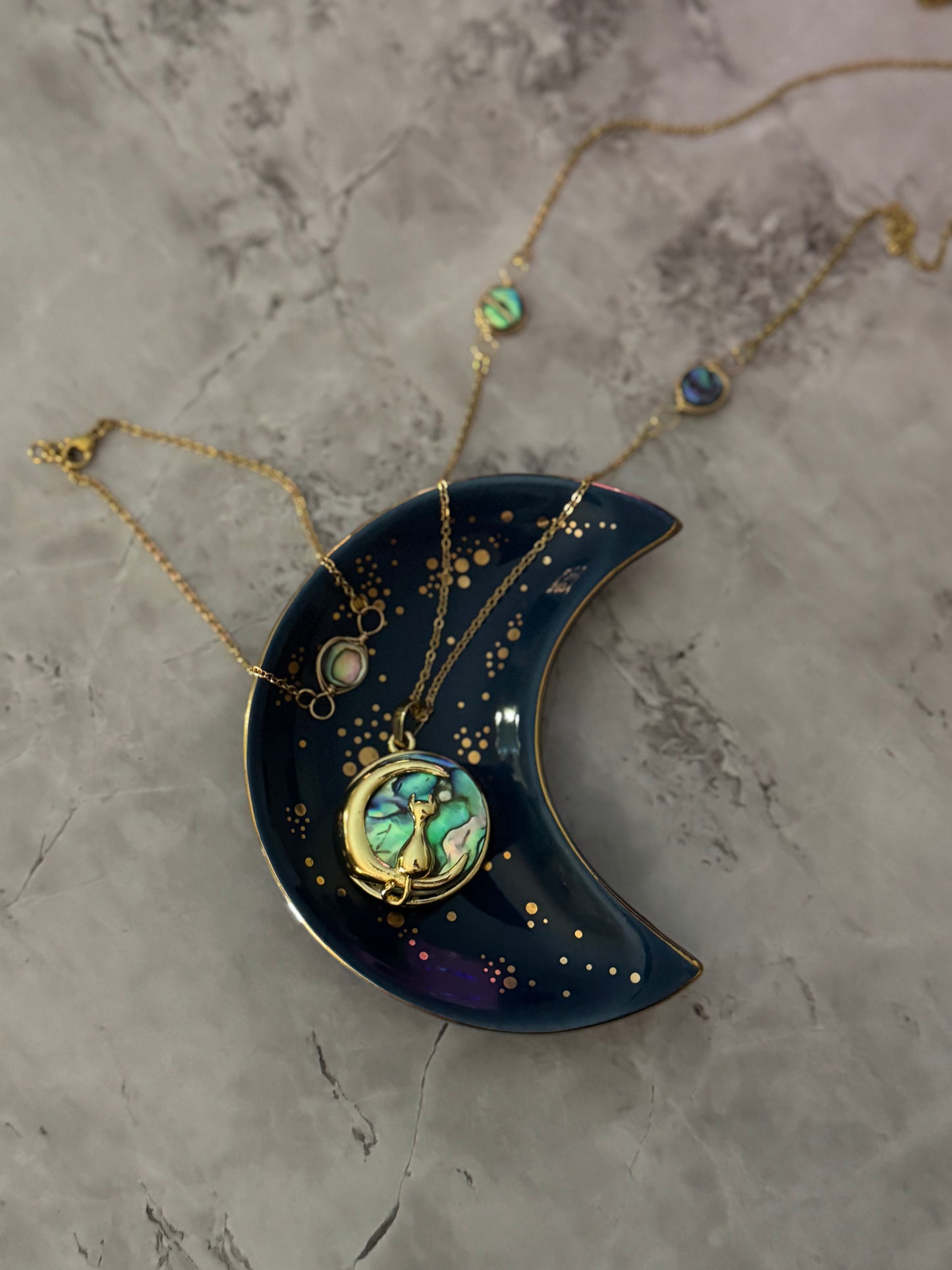 Crescent Moon Abalone Cat Necklace & Bracelet Set
