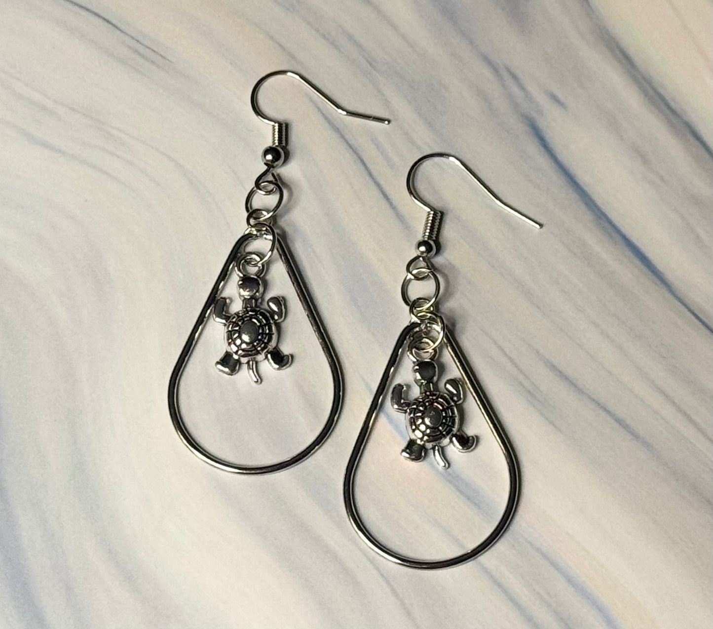 Silver Sea Turtle Teardrop Hoop Earrings