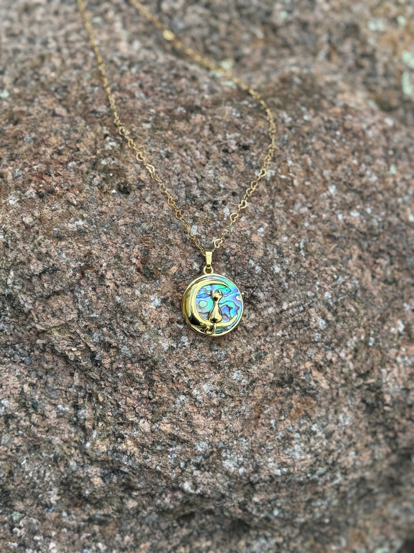 Abalone Cat Necklace - 14k PVD Plated Gold Heart Chain