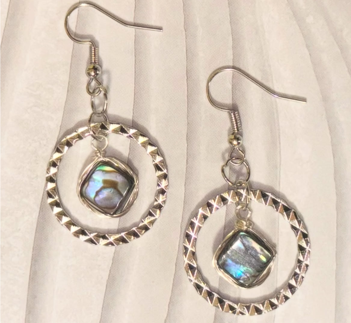 Hammered Hoops with Wire Wrapped Abalone