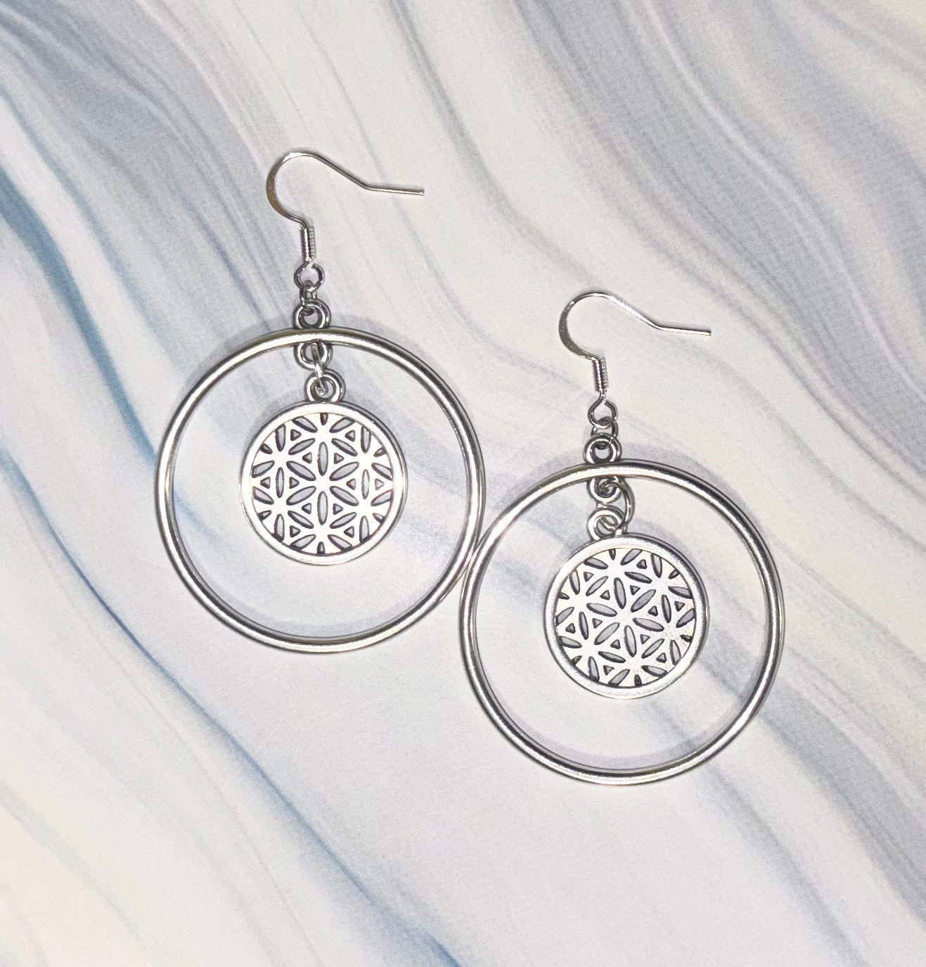 Silver Etched Mandala Hoops - Made with Ireland Sourced Charms - One of a Kind