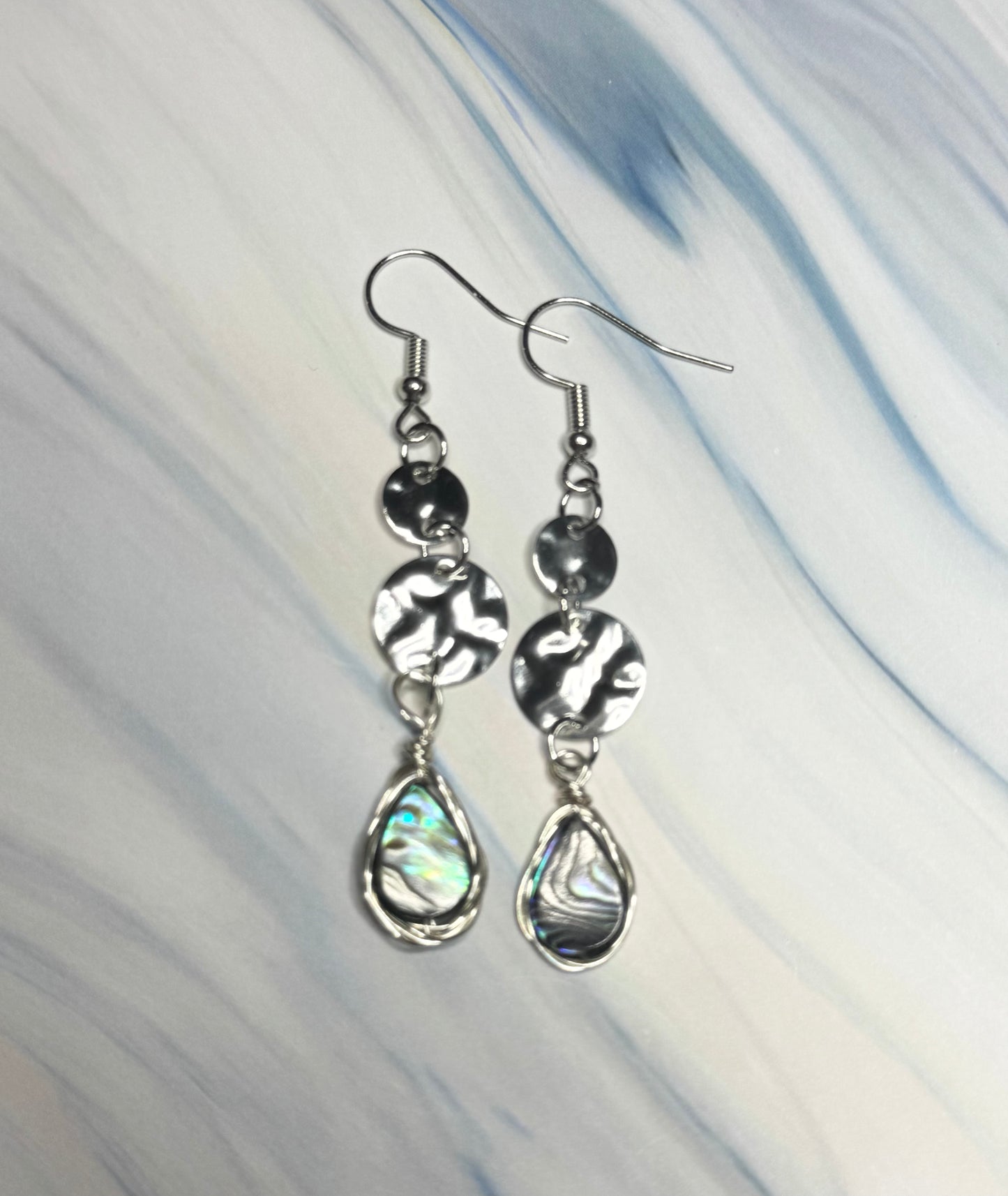 Hammered Metal & Wire-Wrapped Abalone Dangle Earrings
