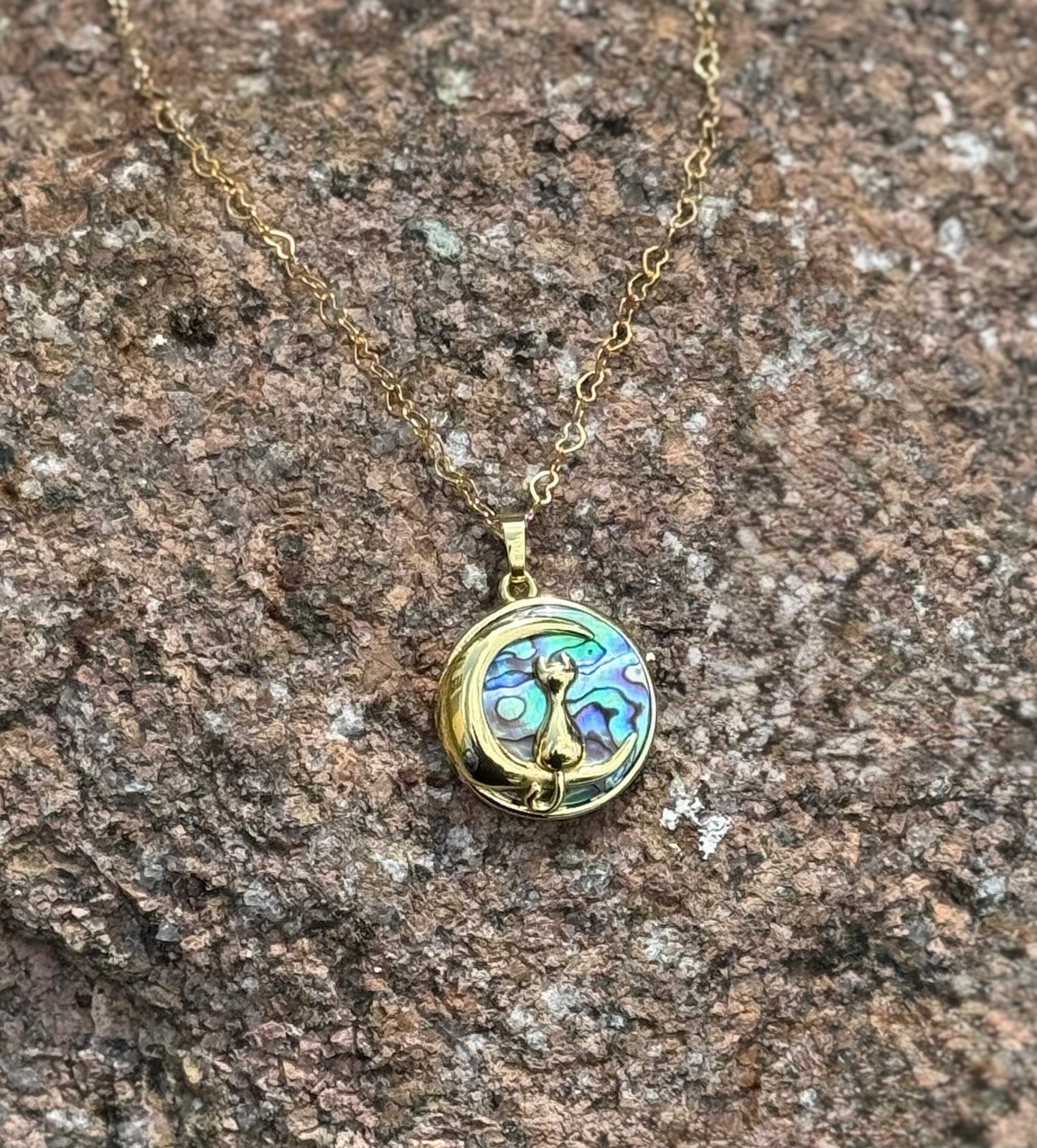 Abalone Cat Necklace - 14k PVD Plated Gold Heart Chain