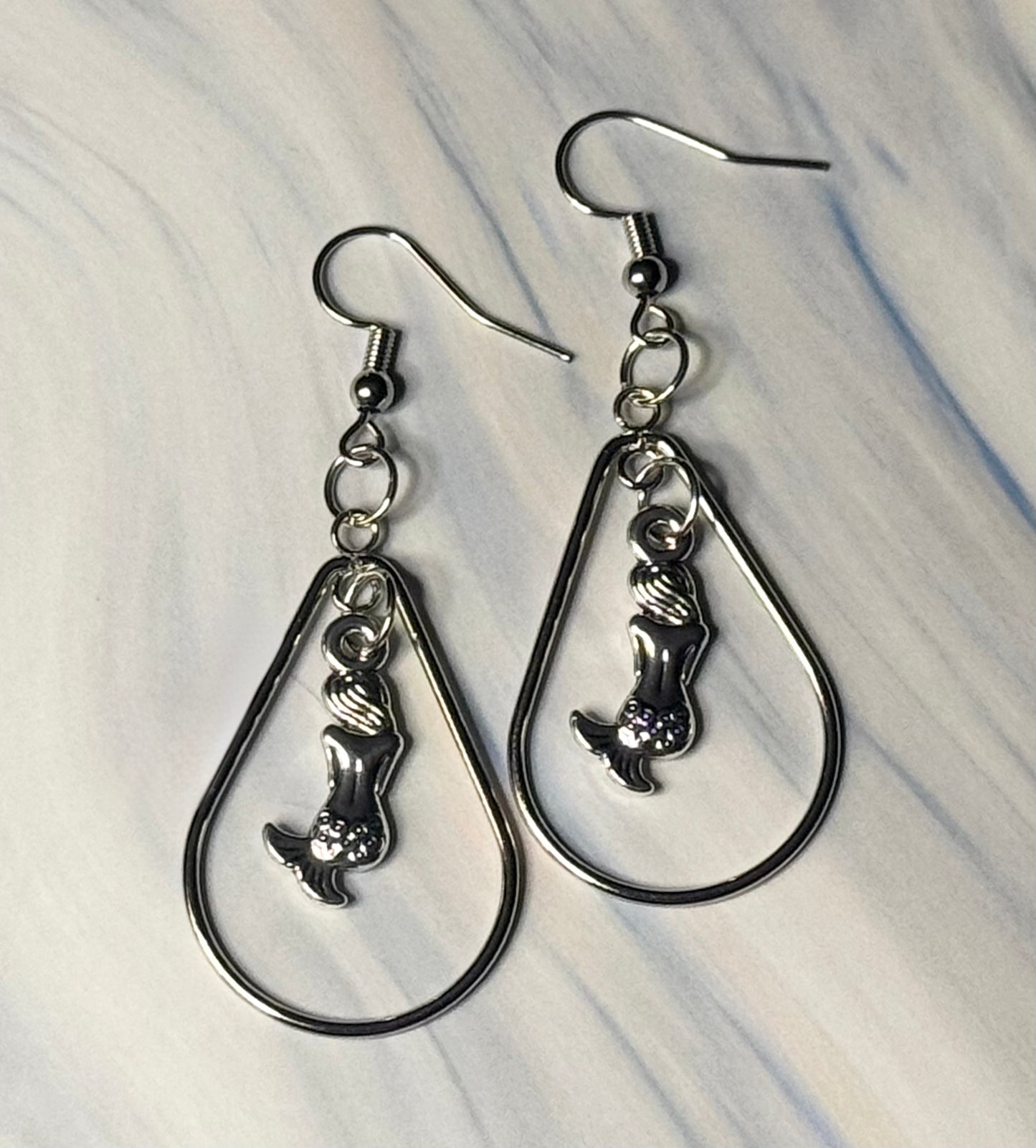 Silver Mermaid Teardrop Hoop Earrings