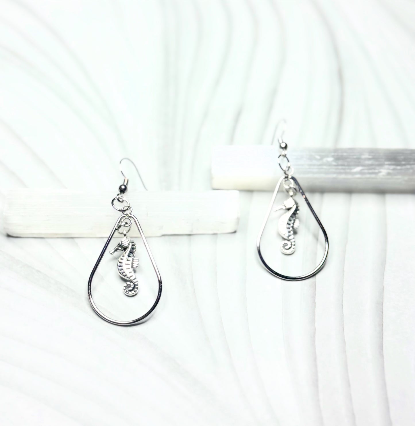 Silver Seahorse Teardrop Hoop Earrings