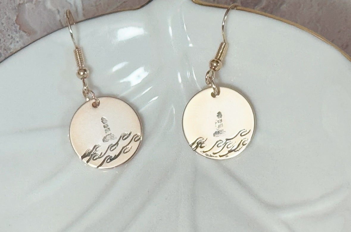 Hand-Stamped Lighthouse Earrings - Gold