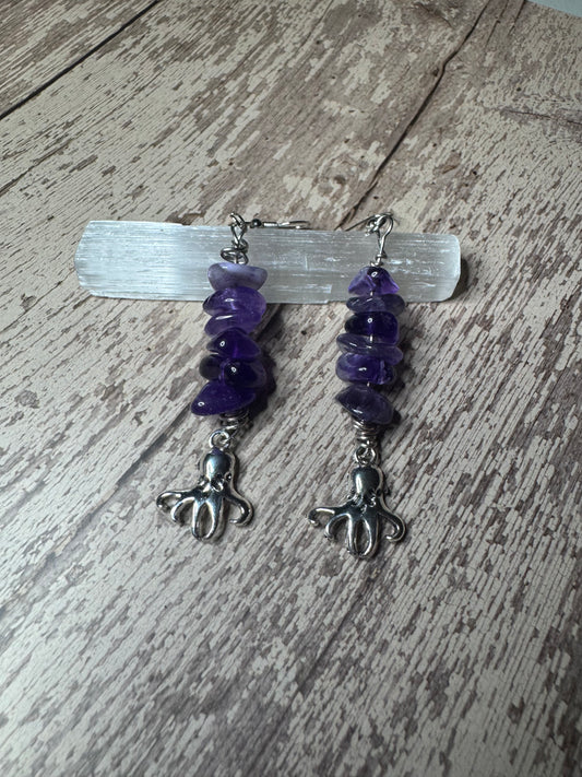 Wire-Wrapped Amethyst Drop Earrings with Silver Octopus Charms