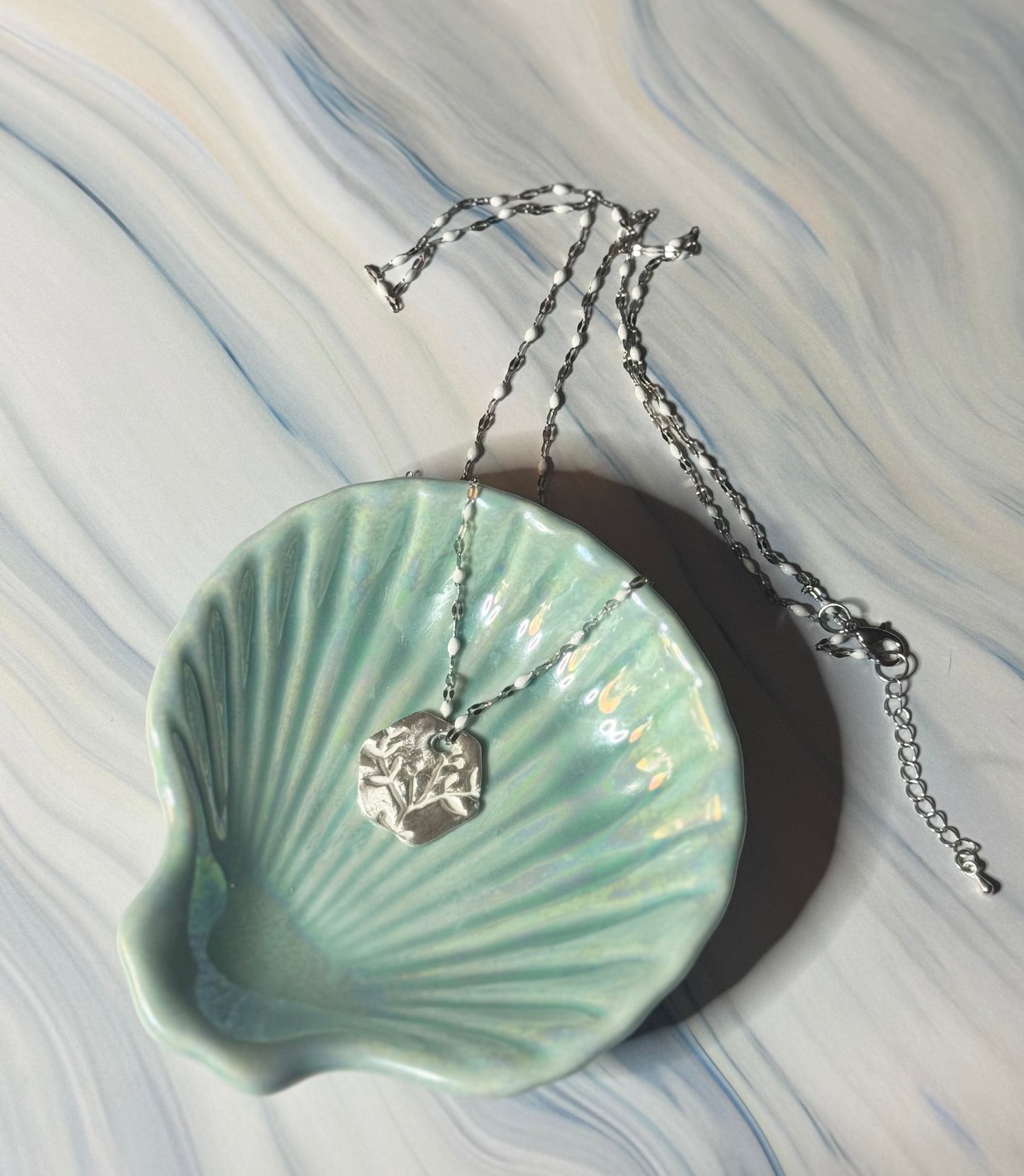 * SOLD*Hand-Fired Hexagon Rustic Branch Sterling Silver Pendant on Lace Accent Chain