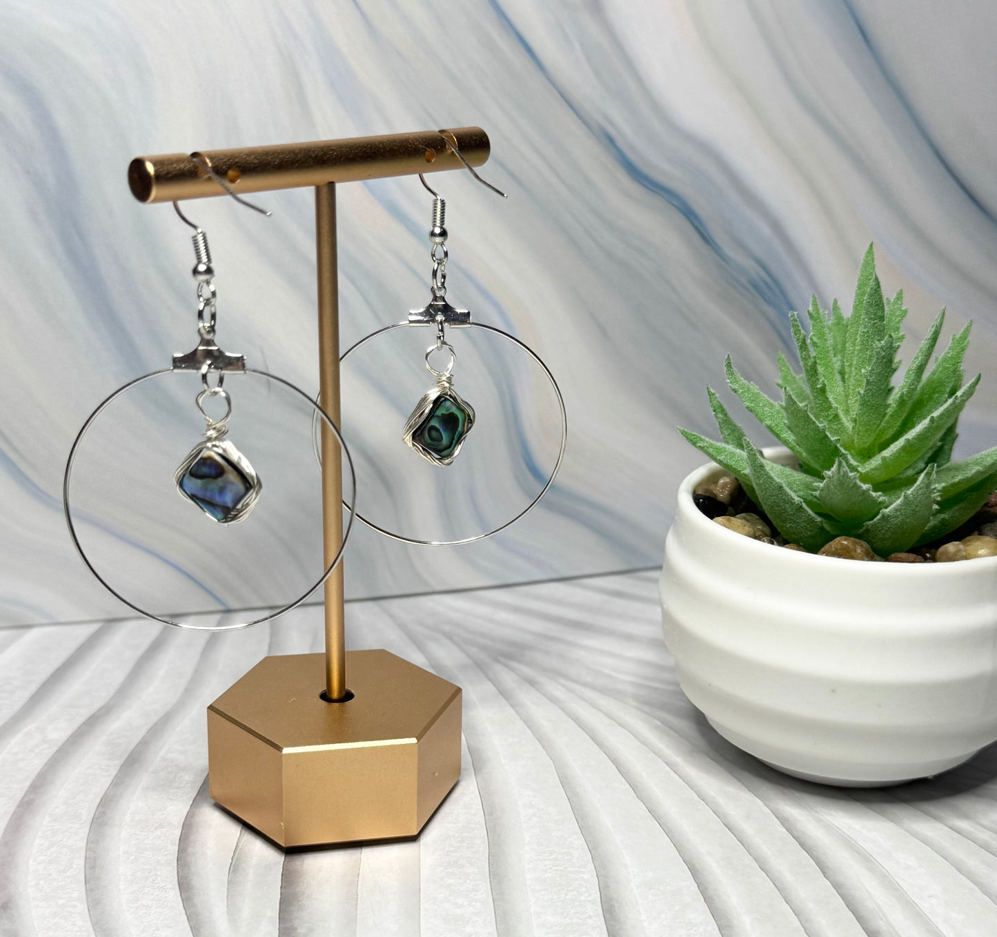 Minimalist Hoop with Wire Wrapped Genuine Abalone