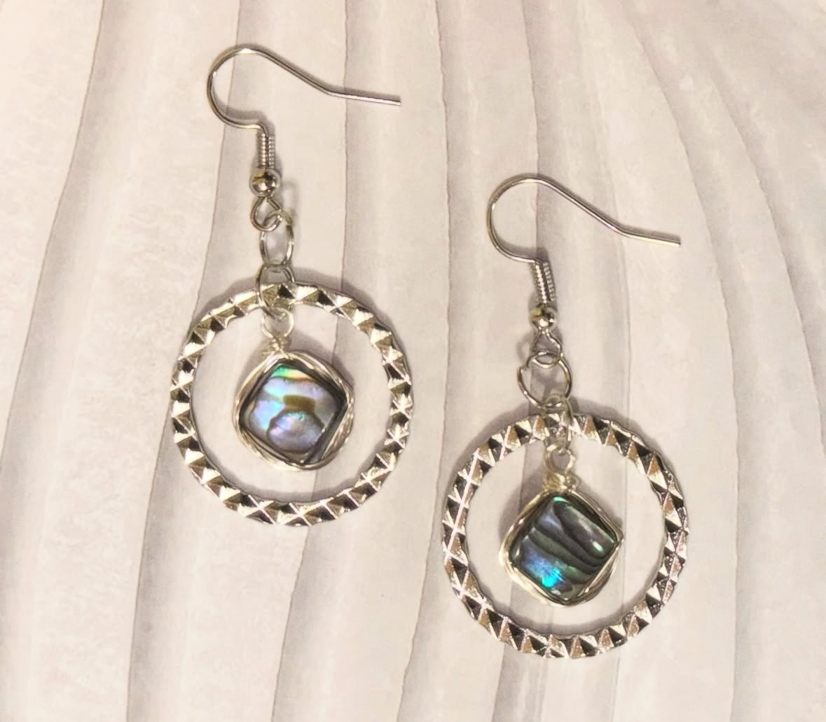 Hammered Hoops with Wire Wrapped Abalone