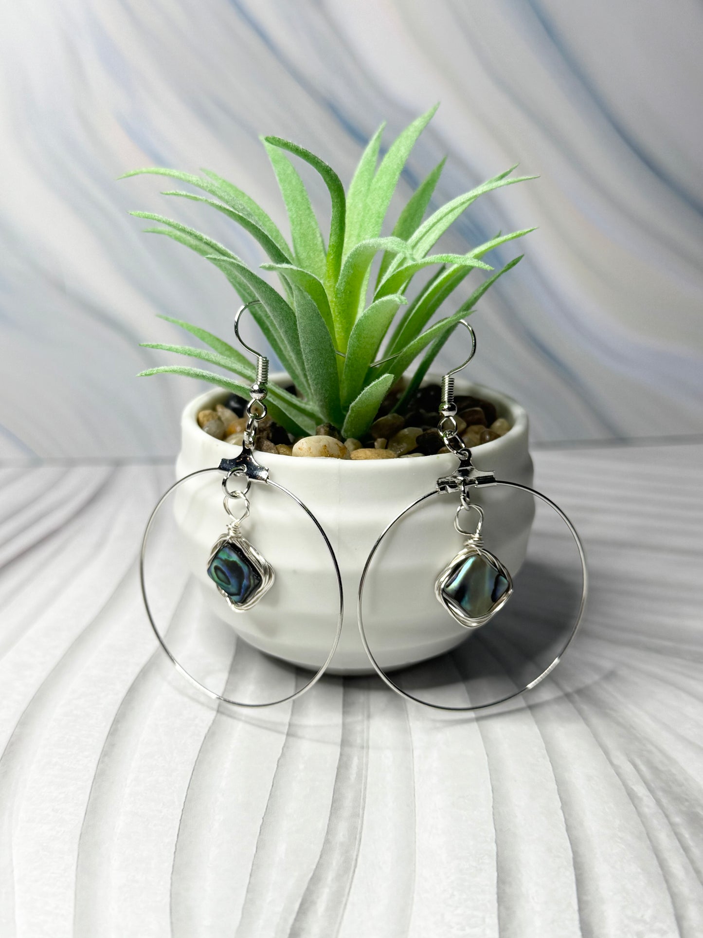 Minimalist Hoop with Wire Wrapped Genuine Abalone