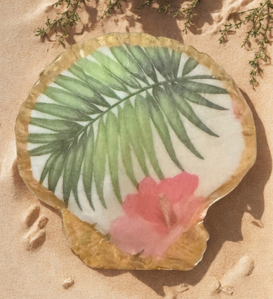 Clam Shell Trinket Dish - Tropical Palm Leaf