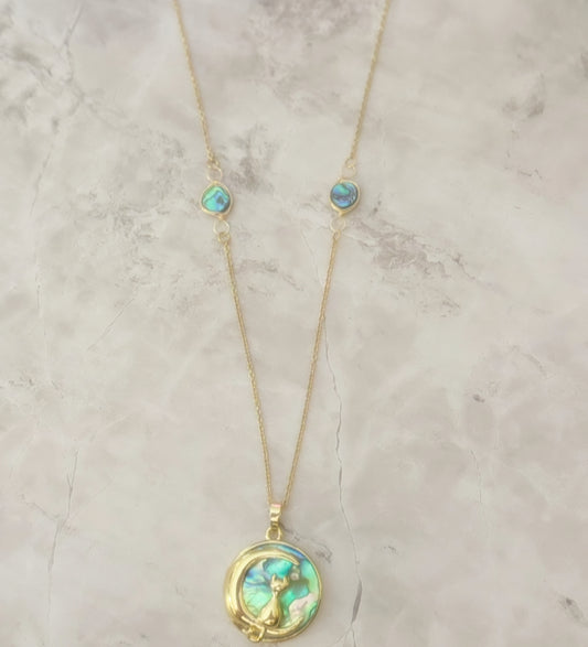 Crescent Moon Abalone Cat Pendant Necklace