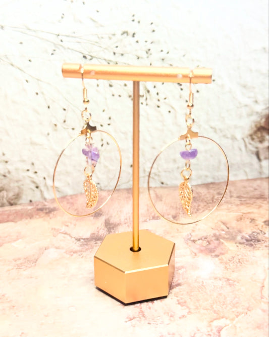 Detailed Gold Leaf Amethyst Hoops