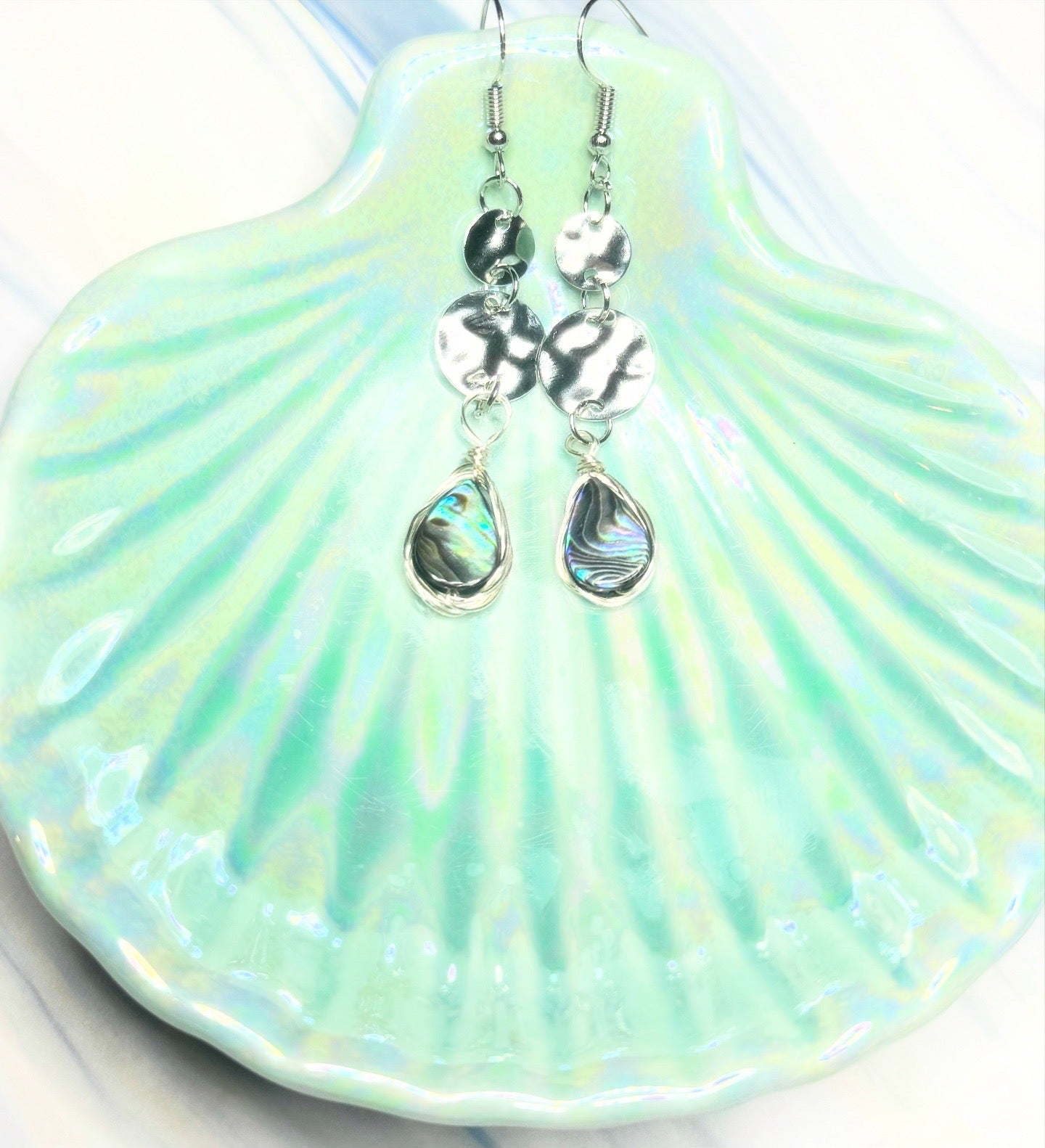 Hammered Metal & Wire-Wrapped Abalone Dangle Earrings