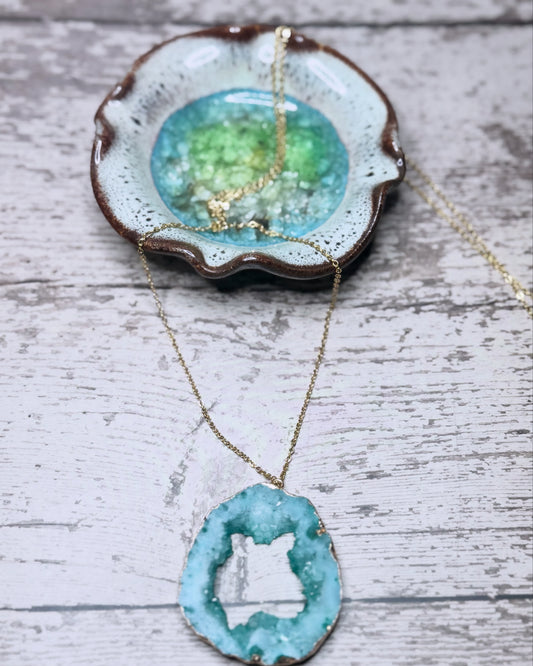 Turquoise Geode Pendant - Gold Filled Chain