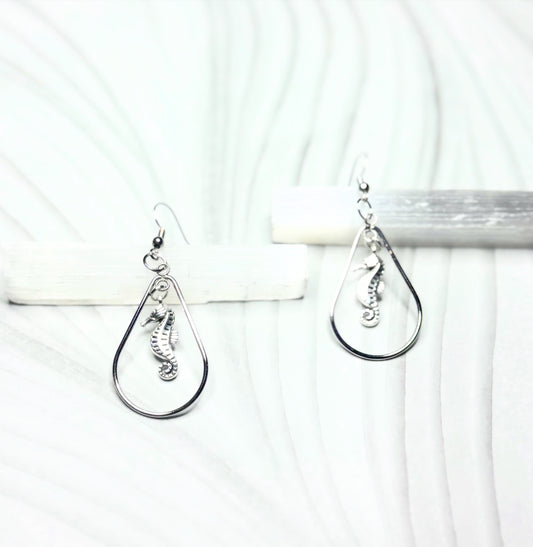 Silver Seahorse Teardrop Hoop Earrings