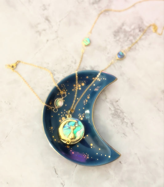 Crescent Moon Abalone Cat Necklace & Bracelet Set